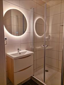 a bathroom with a sink and a shower with a mirror at CityNest Hannover O15 in Hannover