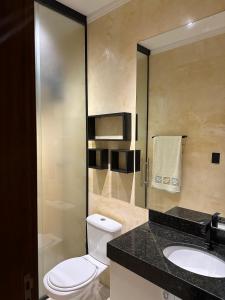a bathroom with a toilet and a sink and a mirror at Hospedagem de qualidade in Varginha