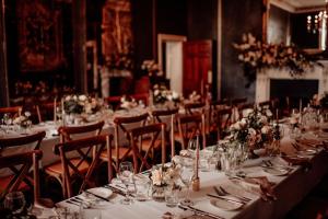a table set up for a banquet in a room at Quamby Estate in Hagley