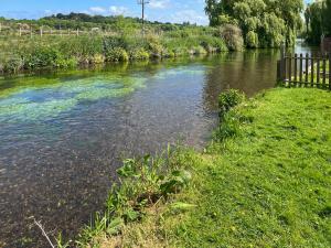 a river with a fence and some grass and water at Duckling Cottage in Canterbury +2 photos