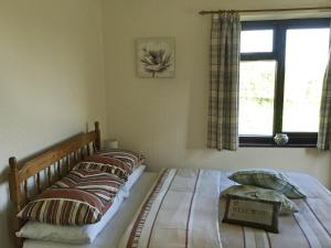 een slaapkamer met een bed met kussens en een raam bij Rose Cottage in Cheriton Bishop