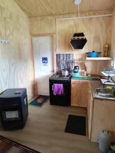 a small kitchen with a stove and a sink at Ecohpirén in Hornopiren +15 photos