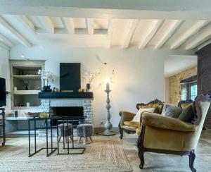 a living room with a couch and a fireplace at Family House In The Heart Of Burgundy in Gigny +21 photos