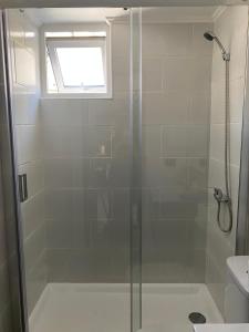 a shower with a glass door in a bathroom at Departamento en Maule, cerca Estadio Nacional y metro Ñuble in Santiago