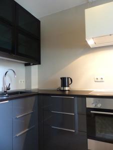 a kitchen with black cabinets and a sink at Parkhotel Heidehof Apartements in Ingolstadt