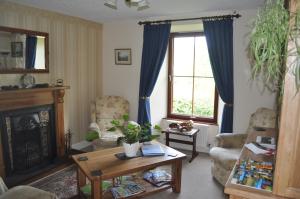 a living room with a fireplace and blue curtains at Forest How Guest House in Eskdale