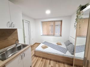 a kitchen with a bed in the middle of a room at Ruse Charm Studio 4 in Ruse +9 photos