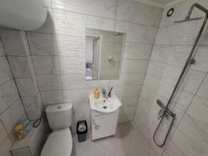 a bathroom with a toilet and a sink and a shower at Ruse Charm Studio 4 in Ruse