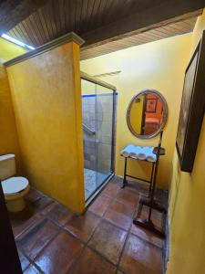 a bathroom with a shower and a toilet and a mirror at Hotel Art Gallery Casona de los Milagros in Colima +39 photos