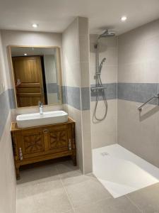 a bathroom with a sink and a shower at Auberge du Vieux Brancion in Martailly-lès-Brancion