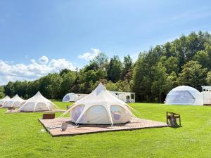 a group of tents in a field with trees at Glamp Sora Furano in Nakafurano
