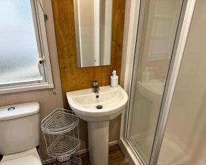 a bathroom with a toilet and a sink and a shower at 59 the cedarS in Winthorpe +6 photos