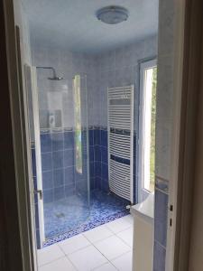 a bathroom with a shower with blue tile at Cozy family home in Champagne-en-Ardenne 8p in Rubigny +15 photos