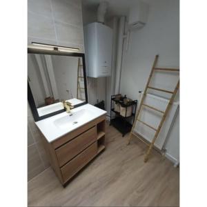 a bathroom with a sink and a mirror and a ladder at La Belle Armentières, maison triplex cosy proche de Lille in Armentières