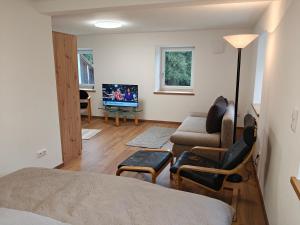 a room with a bed and a couch and a tv at Chalet am Bärenpfad in Neuschönau