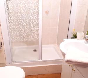a bathroom with a shower and a toilet and a sink at Le Sapi 1E Balcon panoramique Aiguilles Rouges avec parking gratuit in Chamonix-Mont-Blanc