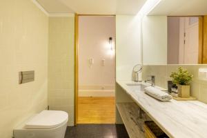 a bathroom with a toilet and a sink and a mirror at Porto Ribeira Flat in Porto +14 photos