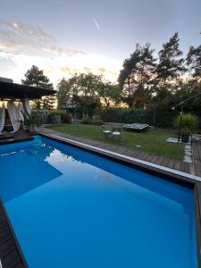 a blue swimming pool with a picnic table in a yard at Vila Martina in Popůvky