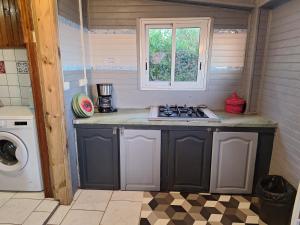 eine kleine Küche mit einem Herd und einem Fenster in der Unterkunft Au Coeur du Safran in Saint-Joseph