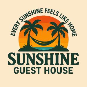 a sign that reads the sunshine feels like a sunset house with palm trees at Sunshine Guest House in Calangute