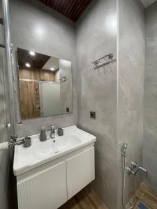 ein weißes Badezimmer mit Waschbecken und Dusche in der Unterkunft Modern and Elegant Apartment in Baku