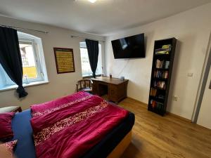 a living room with a bed and a desk and a television at Himmelsscheibe in Wangen