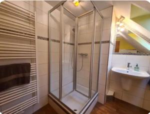 a bathroom with a shower and a sink at Werreufer in Detmold