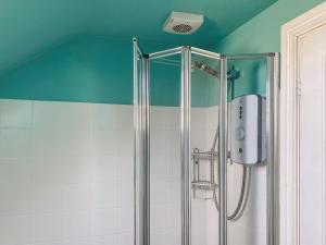 een douchecabine in een badkamer met groene muren bij Chy An Mordros in Hayle