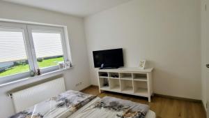 a room with two beds and a tv and a window at Alte Bleiche Lengefeld in Lengefeld