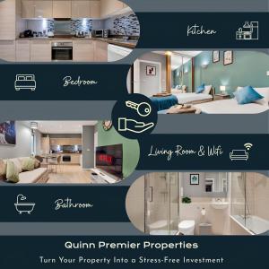 un collage de tres fotos de un dormitorio y una sala de estar en Deluxe Croydon Apartment - NHS & Professionals, en Londres