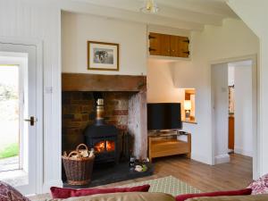 a living room with a fireplace and a tv at The Cottage At 1710 in Castle Carrock