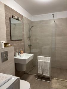 a bathroom with a sink and a shower and a toilet at Apartament Marcel - Coresi Mall in Braşov