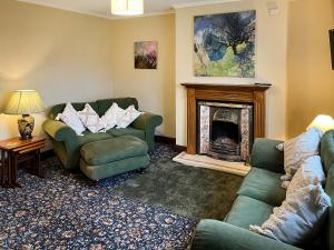 a living room with two couches and a fireplace at Low Houses Farmhouse in Newbiggin