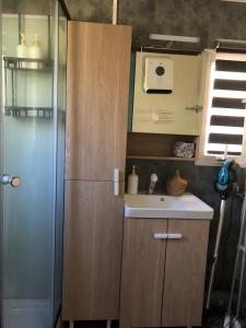 a small kitchen with a sink and a refrigerator at Chalet dans camping avec piscine in Chazelles-sur-Lyon +5 photos