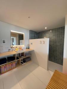 a bathroom with a sink and a refrigerator at Appartement pieds dans l'eau, Locquirec in Locquirec +2 photos