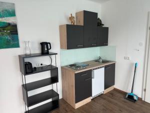 a kitchen with a counter and a sink and a shelf at Wohnung 3 Ossi in Oedt