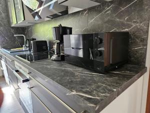 a kitchen with a black counter top with a microwave at Modern and quiet apartment in Bad Sooden-Allendorf in Bad Sooden-Allendorf