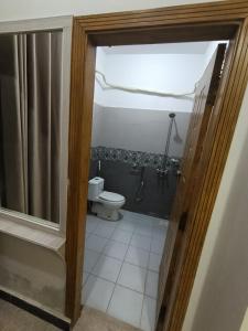 a bathroom with a toilet and a shower with a shower curtain at RMT Residencia entire apartment in Peshawar +33 photos