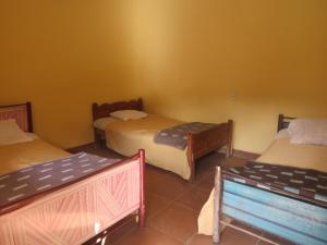 a room with three beds in a room at Franklin Hostel & Camping in Coroico