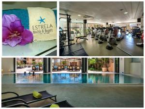 a collage of photos of a gym with a swimming pool at Estréla da Luz CasaValerie studio with gym and indoor pool in Luz