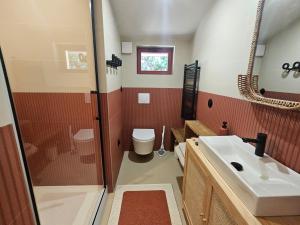 a bathroom with a shower and a sink and a toilet at Maison de charme au Canon in Lège-Cap-Ferret +14 photos