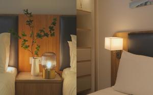 two pictures of a bedroom with a bed and a lamp at Honey Wink - Zenity & D1 - Apartment in District 1 in Kon Rung (1)