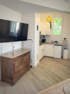 a kitchen with a large flat screen tv on the wall at Studio Saint-Rémy-de-Provence centre in Saint-Rémy-de-Provence +1 photo