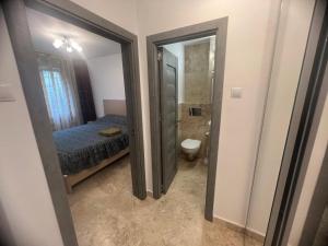 a bedroom with a bed and a bathroom with a toilet at Ywa in Râmnicu Vâlcea +35 photos