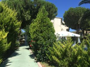 a walkway through a garden with trees and a building at Maviev Otel in Çeşme