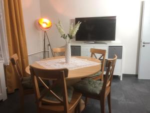 TV a/nebo společenská místnost v ubytování Ferienhaus mit Pool im Seußlitzer Grund