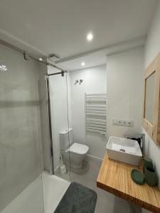 a bathroom with a shower and a toilet and a sink at Casa do Tititos in Baiona