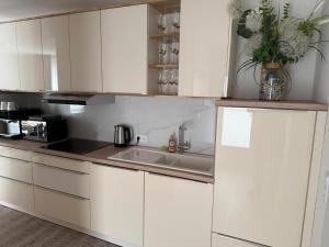 a kitchen with white cabinets and a sink at Ferienwohnung im Harz 3 in Goslar