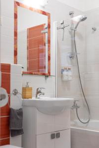 a bathroom with a sink and a shower with a mirror at Floral Bliss Apartment in Budapest