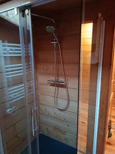 a shower in a room with a wooden wall at La casita de Rascafria in Rascafría +27 photos